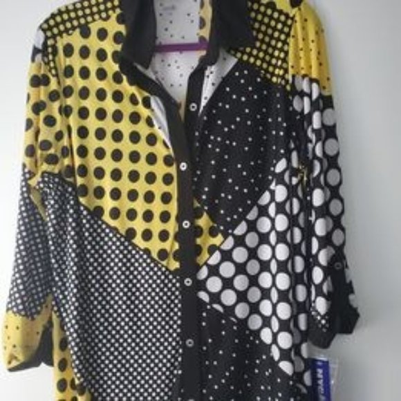 NYGARD YELLOW BLACK POLKA DOT TUNIC TOP SZ LARGE - Picture 1 of 1